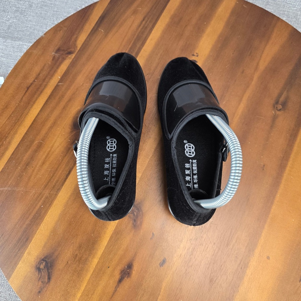 Shanghai Double Coin Black Velvet Mary Jane Martial Arts Wedge Shoes Size 220, 5 - Picture 11 of 16